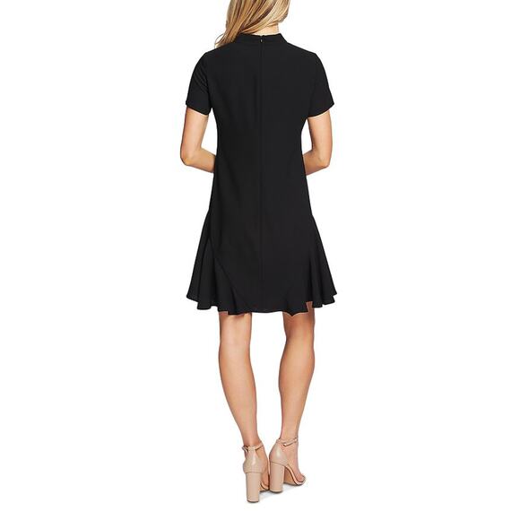 CECE Ruffled Bow Neck Mini Dress 10 Black Short Sleeve Fit & Flare NWT - Picture 3 of 13